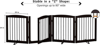 PUPETPO Freestanding Dog Gate with Door, Pet Gate for Stairs, 80 inch Wide Pet Barrier Indoor, Dog Fences Indoor, Support Feet Included, 4 Panels, 24" Tall, Dark Brown