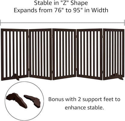 unipaws 36”H Free Standing Pet Gate for Dogs and Cats, Tall Wooden Dog Gates for Doorway, Stairs, Dog Room Divider, Foldable Pet Fence for The House, Expandable Barrier, Indoor Use, Espresso
