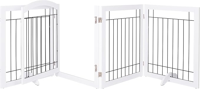 SPIRICH 96-inch Extra Wide 30-inches Tall Dog Gate with Door Walk Through, Freestanding Wire Pet Gate for The House, Doorway, Stairs, Pet Puppy Safety Fence, Support Feet Included (White)
