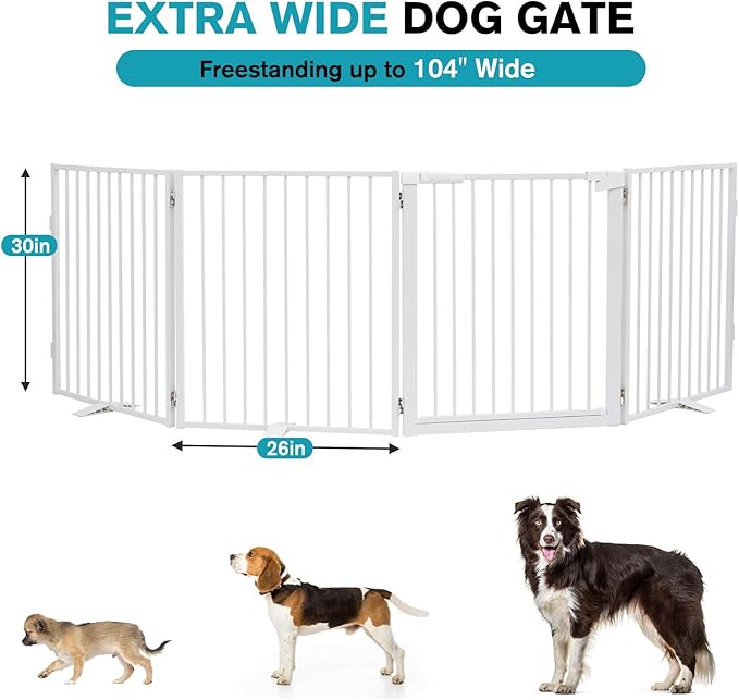 Snagle Paw Extra Wide Dog Gate,Free Standing Dog Fence with Door, Up to 104 Inch Wide Pet Gate with Support Feet for Stairs, Hallways, Doorways, Yard (White, 4 Panels)