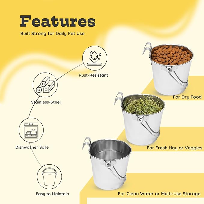 6 Quart Stainless Steel Flat Sided Bucket with Dual Hooks | 2 Pcs Food & Water Bowl for XL Dog Goat Cattle Horse & Livestock | Fits kennel Crate Cages Farm Hanging Pet Pail | Multipurpose