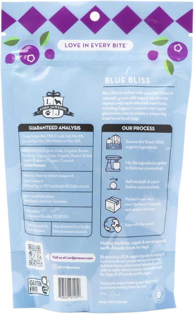 Lord Jameson: Blue Bliss 6 oz - Dog Patisserie Treats, Organic, Soft & Chewy No-Bake, Blueberry Antioxidant Rich Bites, Gluten & Preservative Free