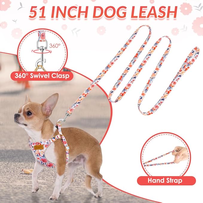 Lukovee Puppy Harness and Leash Set, No Pull Lightweight Soft Suede Adjustable Pet Harness Vest with Snap Buckle for Puppy Small and Medium Size Dog (Flower-XXS)