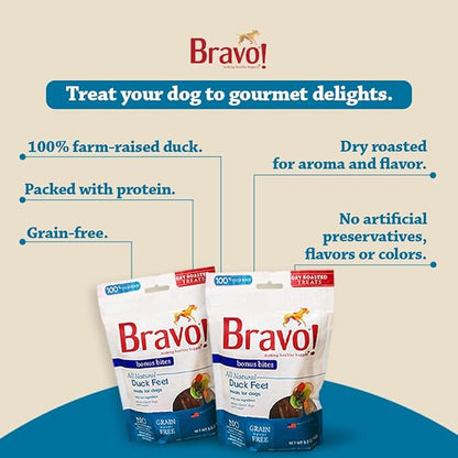 Bravo! Bonus Bites Single Ingredient Dry Roasted Duck Feet Dog Treats, 200 Count, High Protein, Grain Free, Gluten Free
