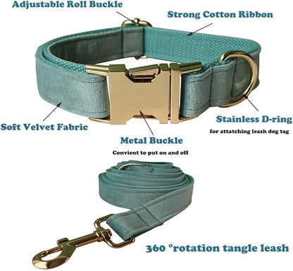 Love Dream Velvet Dog Collar and Leash Set, Soft & Comfy Adjustable Dog Leash and Collar with Heavy Duty Metal Buckle for Small Medium Large Dogs Training & Walking (XLarge, Light Green)