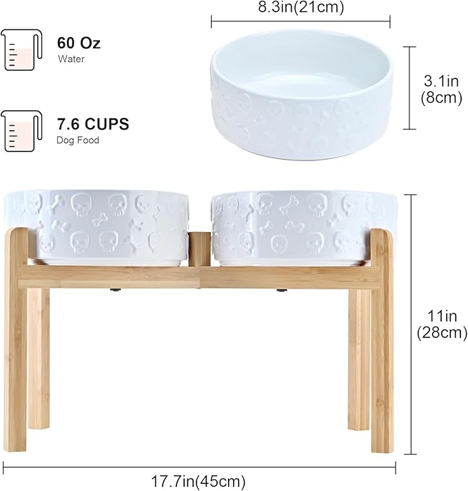 SPUNKYJUNKY Elevated Dog Bowls Ceramic, 8.3'' Dogs Food Water Bowls Raised with Non-Slip Bamboo Stand for Large Sized Breed Microwave Dishwasher Safe - 60 OZ,Skull White