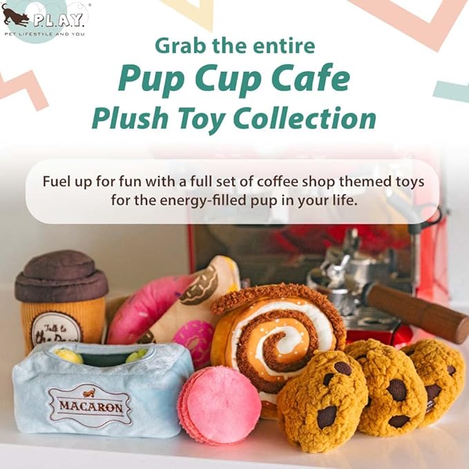 P.L.A.Y. Cute Plush Dog Toys - Coffee Shop Food Themed Durable Squeaker Chew Toy, Great for Puppies & Small, Medium, Large Dogs - Machine Washable, Recycled Materials (Pup Cup Cafe Cookies n' Treats)