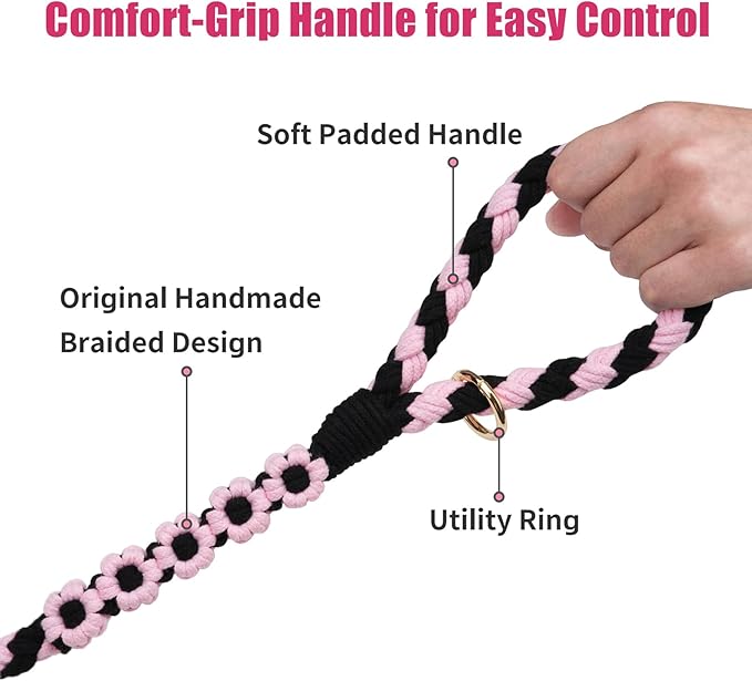 Handmade 5ft Braided Cotton Dog Leash with Unique Floral Handle, Durable and Stylish, Ideal for Small to Large Dogs, Black & Pink Color