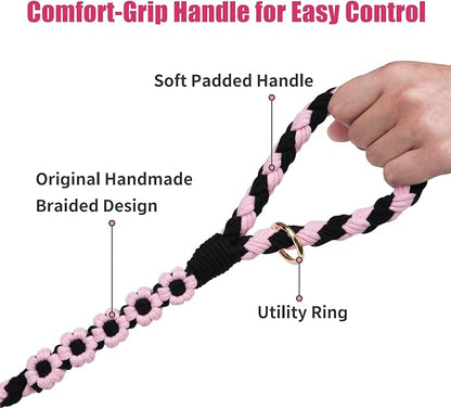 Handmade 5ft Braided Cotton Dog Leash with Unique Floral Handle, Durable and Stylish, Ideal for Small to Large Dogs, Black & Pink Color