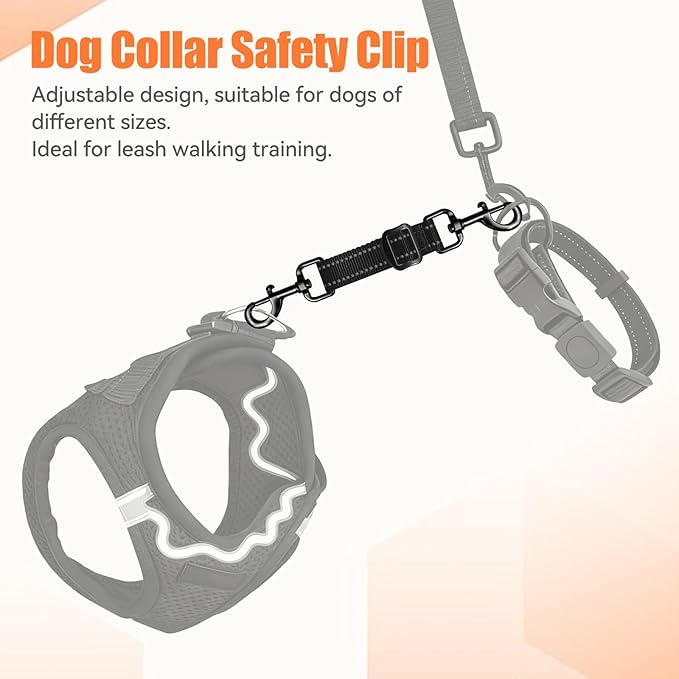 Dog Collar Safety Clip, Reflective Double-Ended Backup Connector for Harness to Collar, Adjustable Safety Clip for Prong, Pinch Collars, Prevents Escapes & Accidental Disconnection