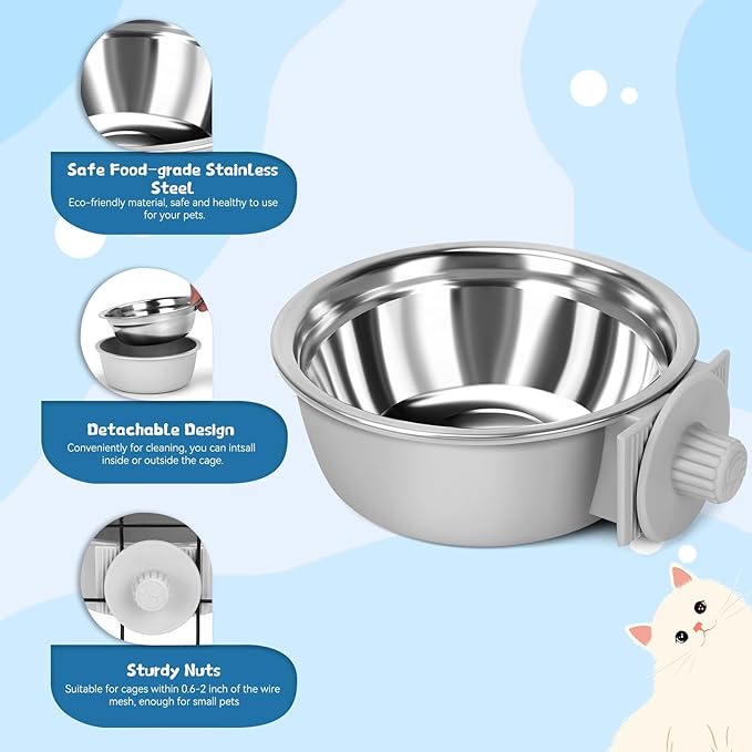 2 Pcs Crate Dog Bowl, Removable Stainless Steel Pet Kennel Hanging Food Water Feeder Bowl Set Non-Spill Cage Feeder for Puppy Small Medium Dog Cat Rabbit Ferret Bird