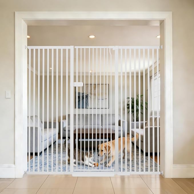 Lumizone Extra Tall Cat Gate 61.02" High Pressure Mounted Extra Wide 2025 New (17 Sizes) 1.37" Gap No Drilling Auto-Close One-Handed Operation Tall Pet Gate for Dogs(White, 61.02" H x 63.39"-67.71" W)