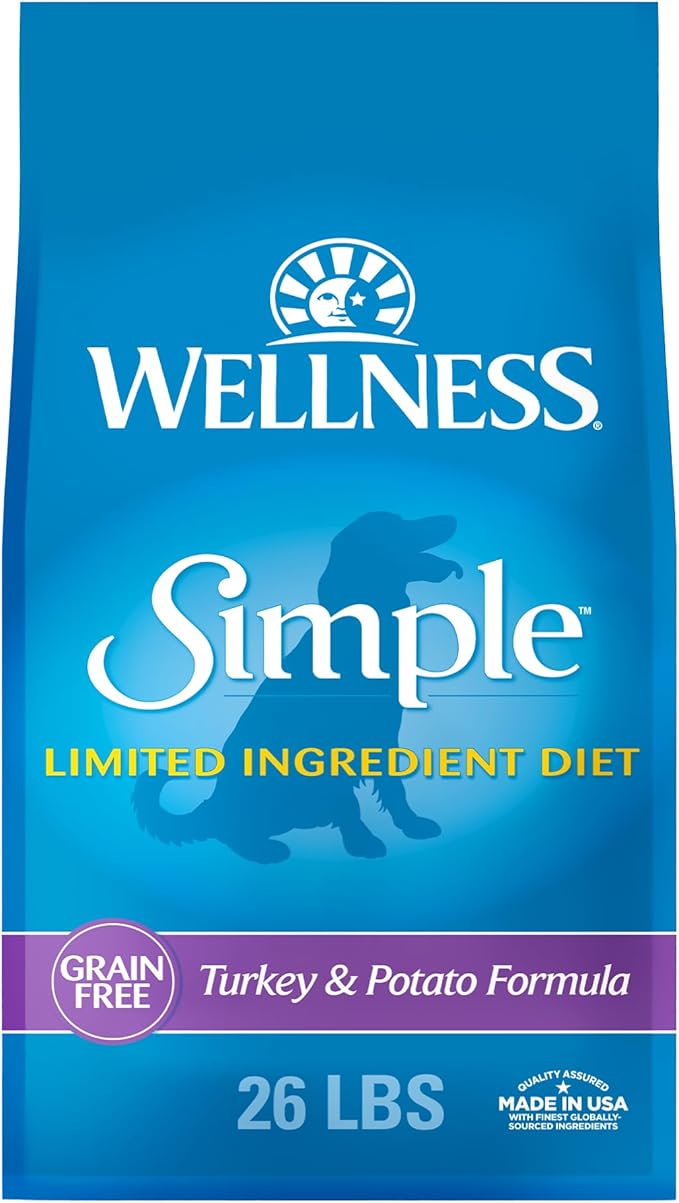 Wellness Simple Limited Ingredient Adult Dry Dog Food, Grain Free Kibble, Sensitive Stomach, Skin & Coat Support, Natural, Chicken Free, Turkey and Potato Recipe, 26 lb Bag