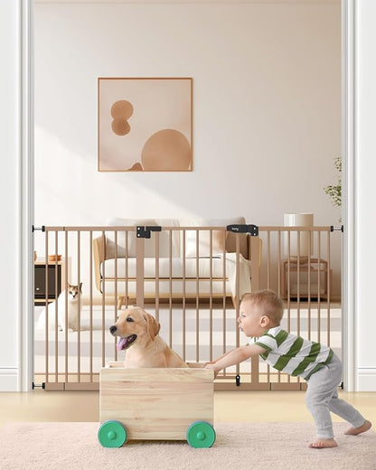 keny 29"-55" Extra Wide Baby Gate, Pressure Mounted No Drilling Dog Gate for Stairs Doorways, Easy Walk Through Safety Gate for Babies or Pets, 30" Tall, Brown