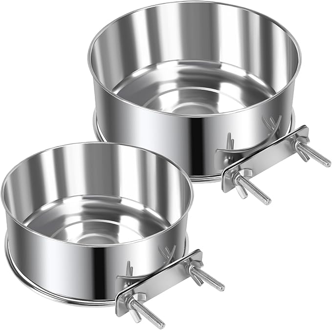 2 Pcs Large Pet Dog Food Water Bowl for Cage Stainless Steel Non-Spill Kennel Hanging Cats Bowls with Clamp Holder Crate Feeder Dish for Medium Large Dogs Huge Pets (7.1x2.5'' & 6.3x2.4'')