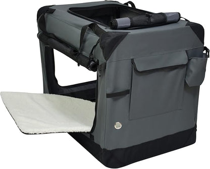 EliteField 4-Door Folding Soft Dog Crate with Curtains, Carrying Bag and Fleece Bed (2 Year Warranty), Indoor & Outdoor Pet Home (24" L x 18" W x 21" H, Gray+4 Door Curtains)