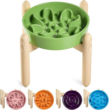 LE TAUCI Ceramic Slow Feeder Dog Bowls Elevated for Small and Medium Breed, Dog Bowls with Wooden Stand, 1.5 Cups Pet Dishes to Slow Down Eating, Anti-Gulping Pet Feeding Dishes, Clover Green
