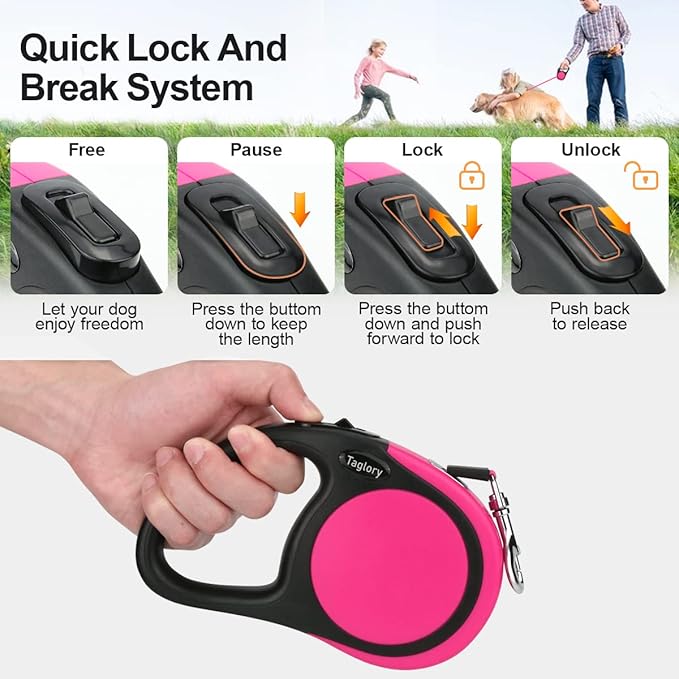 Taglory Retractable Dog Leash, 16ft No Tangle Leash Retractable for Small Medium Dogs Up to 44 lbs, One-Handed Brake, Pause, Lock, Pink