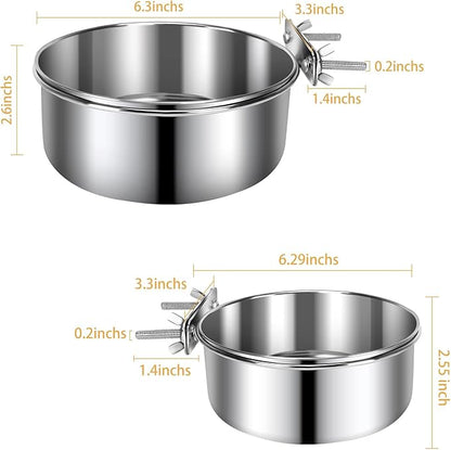 2 Pcs Large Pet Dog Food Water Bowl for Cage Stainless Steel Non-Spill Kennel Hanging Cats Bowls with Clamp Holder Crate Feeder Dish for Medium Large Dogs Huge Pets (7.1x2.5'' & 6.3x2.4'')