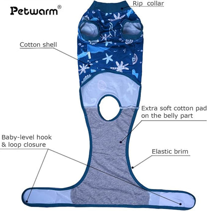PetWarm Surgery Suit for Dogs, Dog Cone Alternative, Full-Body Dog Onesie for Recovery, Spay Neuter Suit to Help Prevent Scratching or Licking, Cozy and Protective, Marine Animal Patterns, Blue, XL