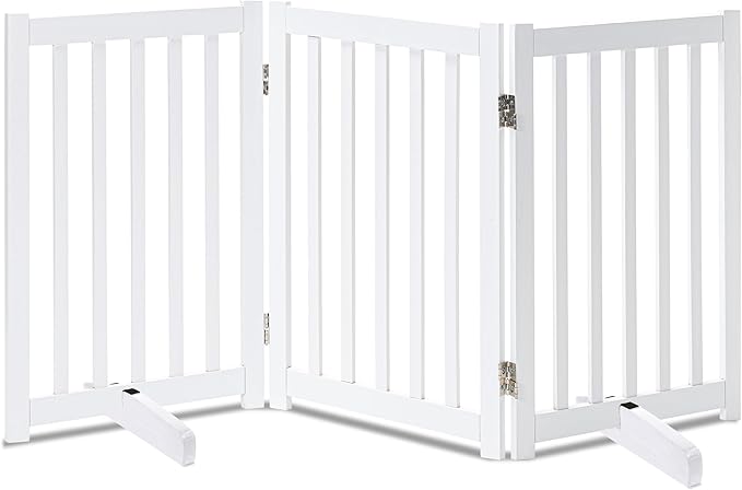 LZRS Freestanding Dog Gate 30 inch Tall - 3 Panels Solid Wooden Pet Gate for Doorways, Stairs & Hallways, Expandable & Foldable with Support Feet，Indoor Use,White