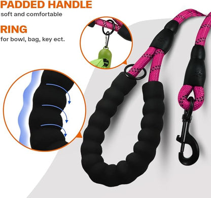 Taglory Rope Dog Leash 5 FT with Comfortable Padded Handle, Highly Reflective Threads Leash and Anti-Tangle Clip for Walking Medium Large Dogs, 1/2 inch, Hotpink