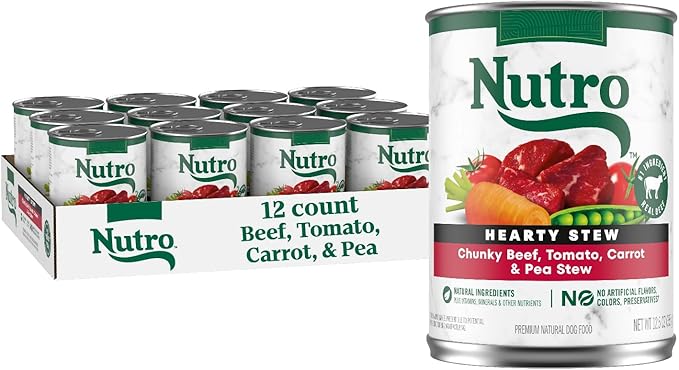 Nutro Hearty Stew Canned Wet Dog Food, Natural Grain Free Dog Food Wet Cuts in Gravy Chunky Beef, Tomato, Carrot & Pea, 12.5 oz Cans (12 Count, Pack of 1)