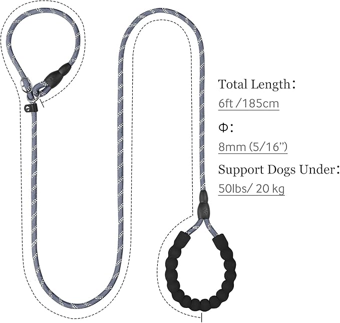TagME 6ft Slip Dog Lead, No Pull Reflective Training Leash with Padded Handle, Professional Rope P-Leash for Small Medium Large Dogs, Heavy Duty Correction Lead for Walking & Training (Gray)