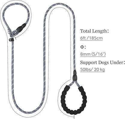 TagME 6ft Slip Dog Lead, No Pull Reflective Training Leash with Padded Handle, Professional Rope P-Leash for Small Medium Large Dogs, Heavy Duty Correction Lead for Walking & Training (Gray)