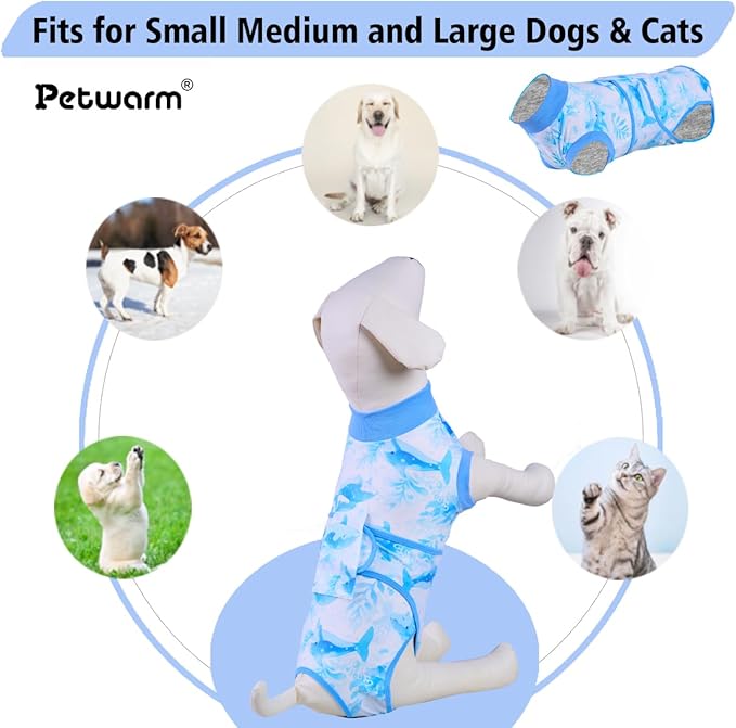 PetWarm Recovery Suit for Dogs, Surgical Suit for Dogs Female Spay Male Neutered, After Surgery Dog Onesie, Anti-Licking Dog Surgery Recovery Suit, Marine Animal Patterns, Blue, XS