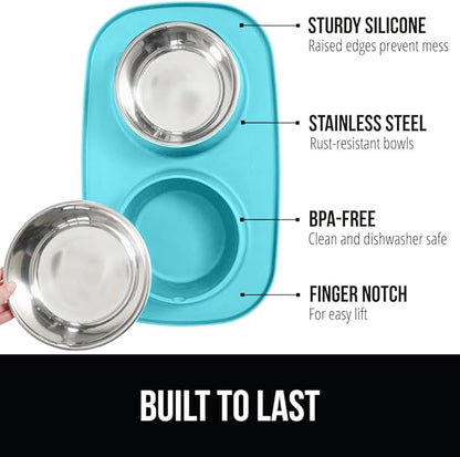 GORILLA GRIP Feeding Mat Bowl Set, 100% Waterproof BPA Free Silicone, 304 Stainless Steel Cat and Dog Bowls for Food and Water, Slip Resistant, High Edge, US Designed, Patent Pending, 1 Cup Turquoise