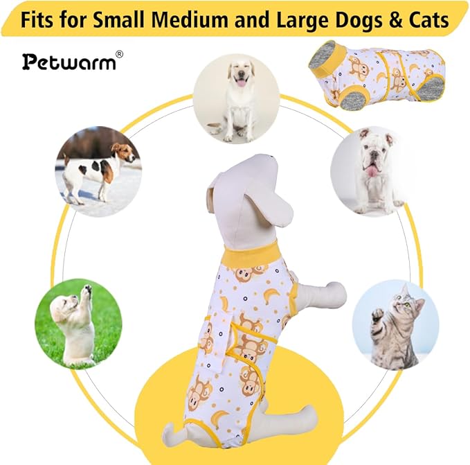 PetWarm Surgical Suit for Dogs Female, Recovery Suit for Dogs After Surgery, Dog Recovery Collars and Cones Alternative Dog Abdominal Wounds Bandages, Monkey Pattern, Yellow, XS