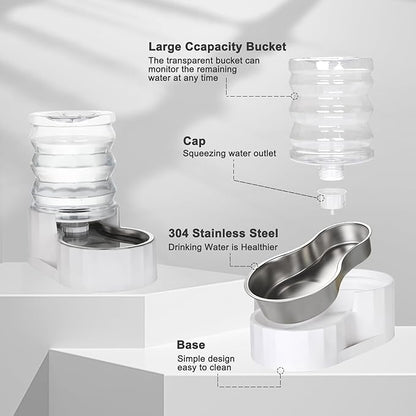 RIZZARI Gravity Water Bowl Dispenser: 4L White Stainless Steel Water Feeder Without Filter - Detachable Food-Grade Bowl -Spill-Proof - for Small Cats & Busy Multi-Pet Owners - Home Bedroom Garden