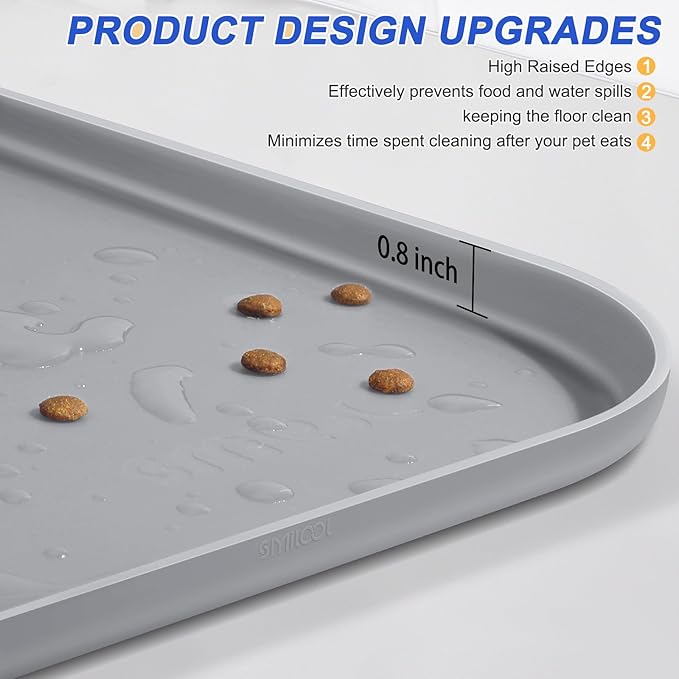 SMILOOL Silicone Pet Feeding Mat with Raised Edge for Food and Water, Dog Bowl Mats, Cat Bowls Placemat with High Lip for Floor Waterproof, Rubber Tray for Cats and Dogs 22 x 14 x0.8 Light Gray