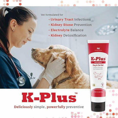 K-Plus Gel for Dogs & Cats – Potassium Citrate & Cranberry Supplement for Kidney, Urinary Tract Health, UTI Relief, Stone Prevention, Electrolyte Balance, Muscle & Heart Function - Made in USA - 5 oz