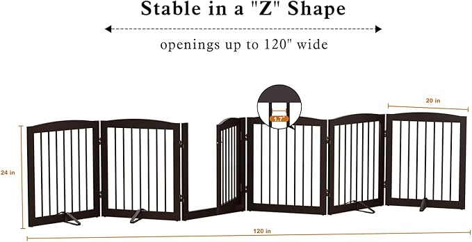 PUPETPO Freestanding Pet Gates with Walk Through Door, Dog Indoor Fence, Dog Gate for The House, Doorway, Stairs, Extra Wide Pet Gate, Support Feet Included, 120 Inch Wide, 6 Panels 24" Tall, Brown