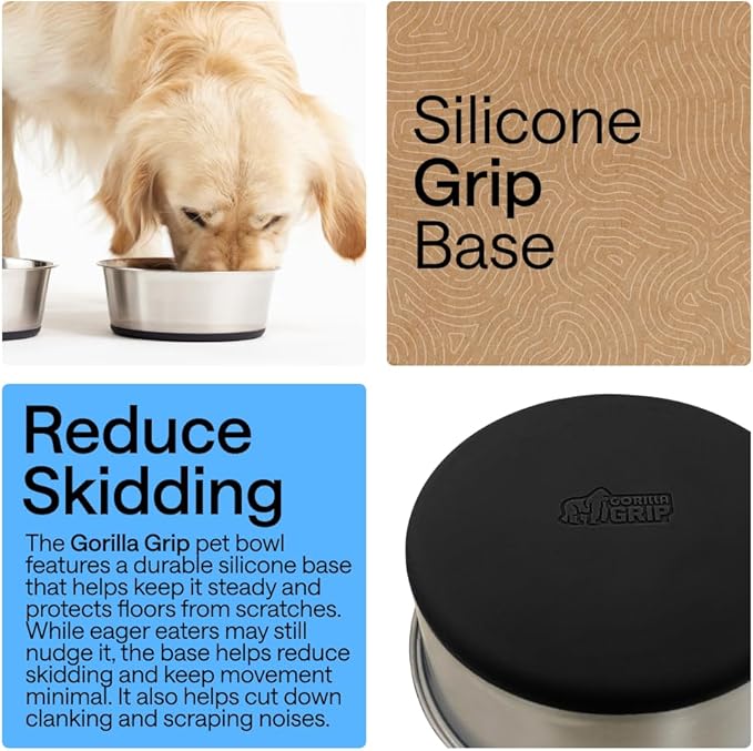 GORILLA GRIP Dog Bowls, Food Grade 304 Stainless Steel, Holds 6 Cups Each (48 fl oz) Food and Water Bowl for Feeding Dogs and Cats, Dishwasher Safe, Rust Resistant, BPA Free Rubber Base Set of 2 Black