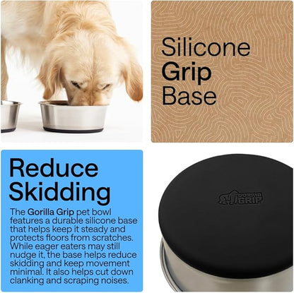 GORILLA GRIP Dog Bowls, Food Grade 304 Stainless Steel, Holds 8 Cups Each (64 fl oz) Food and Water Bowl for Feeding Dogs and Cats, Dishwasher Safe, Rust Resistant, BPA Free Rubber Base Set of 2 Black