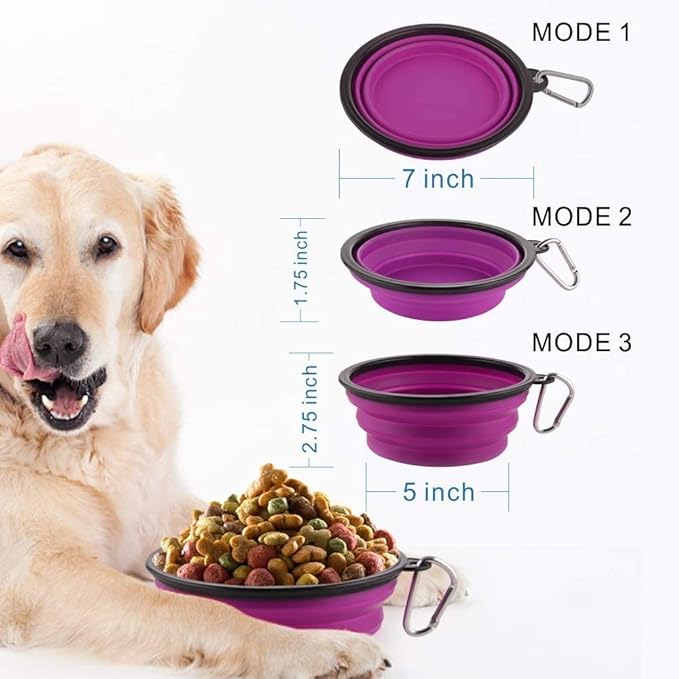 Large Collapsible Dog Bowls, 34oz Travel Water Food Bowls Portable Foldable Collapse Dishes with Carabiner Clip, 2 Pack (Purple+Red)