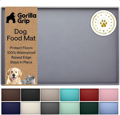 GORILLA GRIP 100% Waterproof Raised Edge BPA Free Silicone Pet Feeding Mat, Dog Cat Food Mats Contain Spills Protects Floors, Placemats for Cats and Dogs Water Bowl, Pets Accessories 18.5x11.5 Gray