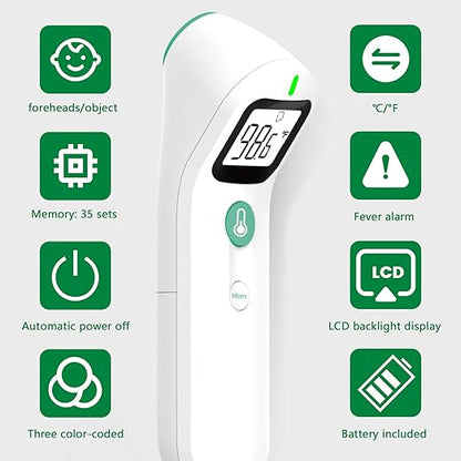 Greetmed No Touch Forehead Digital Thermometer for Adults, Kids with Fever Alarm, 1s Instant Reading Large LCD Display, Multi-Mode Object Temperature (Batteries Included)