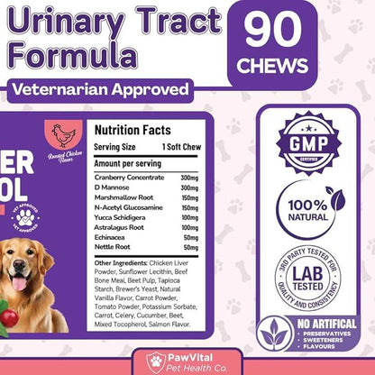 Dog UTI & Bladder Control Chews – Cranberry & D-Mannose Urinary Tract Support for Dogs, Helps Stop Leaking & Incontinence, All-Natural Chicken Flavor, 90 Soft Chews