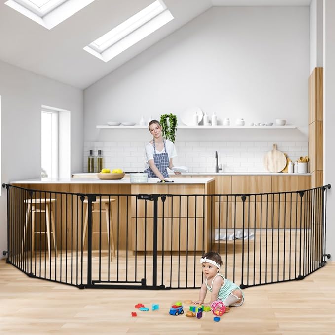 COMOMY 150" Extra Wide Baby Gate with Door, Dog Gates for The House Doorways Fireplace, Auto Close Baby Fence Play Area, Walk Through Pet Gate, Hardware Mounted, 6-Panels (30" Tall, Black)