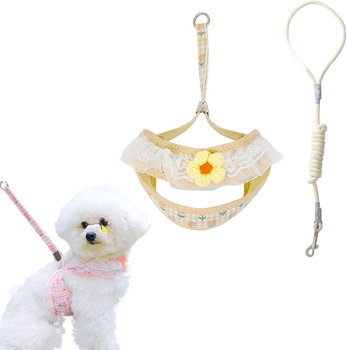 Cat Harness Collar and Leash Set, Sweet Lace Floral Kitten Collar, Escape Proof Puppy Chest Harness, Adjustable Cute Harness Leash Set for Cat Puppy Dog Outdoor Walking (Yellow, S)