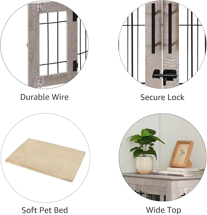 beeNbkks Furniture Style Dog Crate End Table, Double Doors Wooden Wire Dog Kennel with Pet Bed, Decorative Pet Crate Dog House Indoor Medium Large