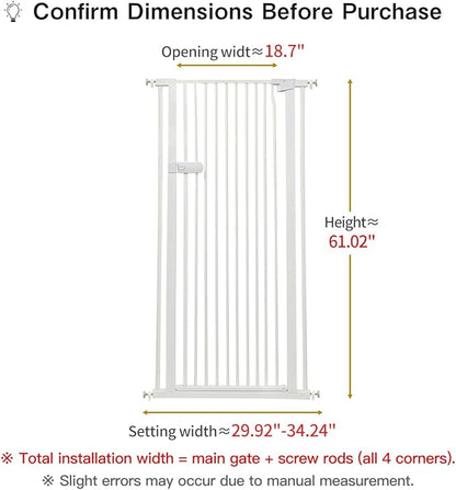 Lumizone Extra Tall Cat Gate 61.02" High Pressure Mounted Extra Wide 2025 New (17 Sizes) 1.37" Gap No Drilling Auto-Close One-Handed Operation Tall Pet Gate for Dogs(White, 61.02" H x 29.92"-34.24" W)