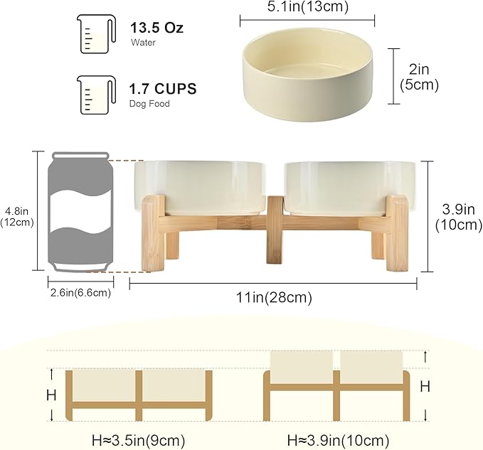 SPUNKYJUNKY Elevated Dog Bowls Ceramic, 5.1'' Dogs and Cat Food Water Bowls Raised with Non-Slip Bamboo Stand for Puppy Small Sized Breed Microwave Dishwasher Safe - 13.5 OZ,Beige