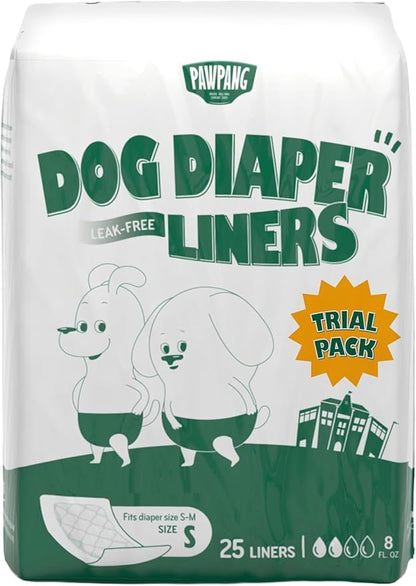 PAWPANG Disposable Dog Diaper Liners l Trial Pack (25 Count), Absorbent Inserts with Odor Control for Reusable Dog Diapers & Belly Bands (Small)