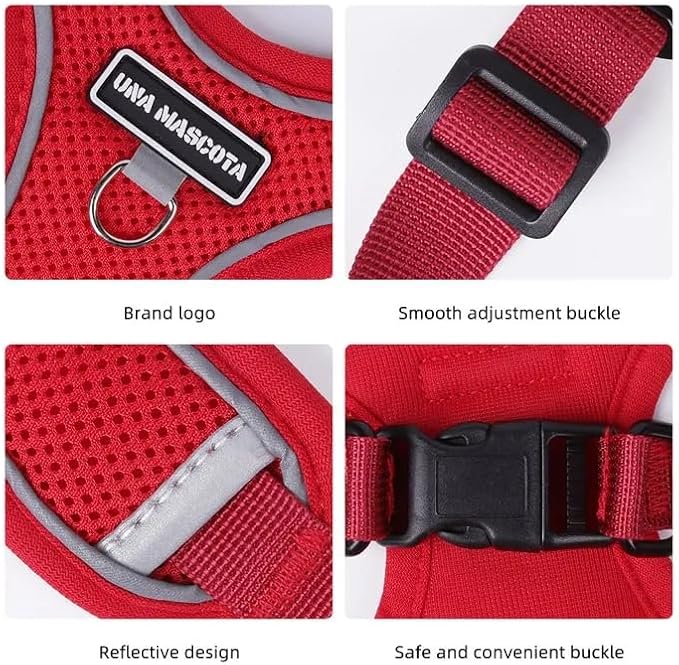 Dog Harness and Leash Set, Adjustable Triangle, Reflective Adjustable Puppy Vest, No Pull Soft Mesh Harness for Small, Medium Dogs, Cats (Red, M)