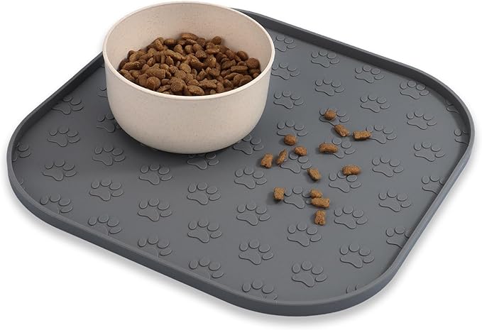Pet Feeding Mat, Waterproof Anti-Slip Placemats for Dog Cat Bowl Silicone Pet Food Mat, Raised Edge Prevent Spills on Floor & Carpet, Dishwasher Safe (Gray, 11" x 11")